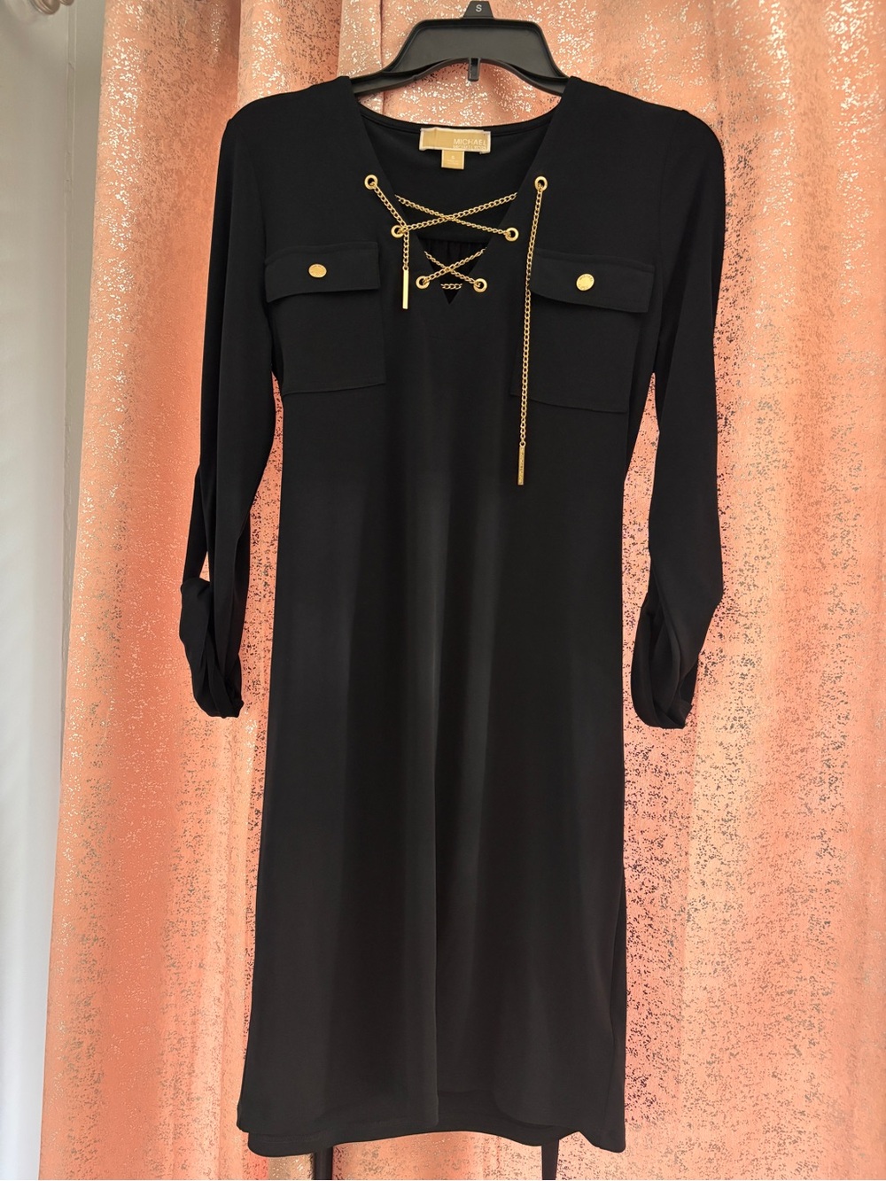 Michael Kors Black Long-Sleeve Chain Lace-Up Dress
